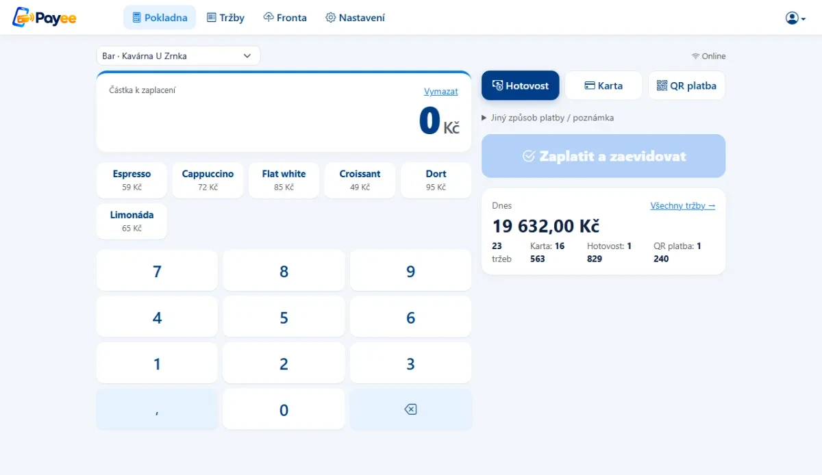 Pokladna Payee v počítači: klávesnice, rychlá tlačítka, způsoby platby a denní souhrn