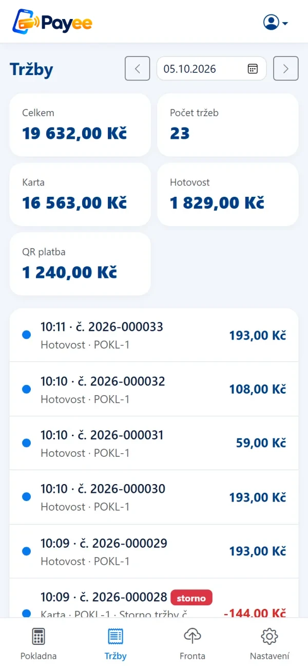 Přehled tržeb v Payee se součty za kartu, hotovost a QR platby
